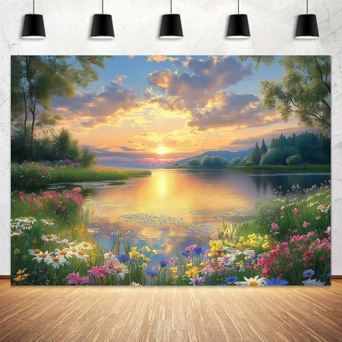 10X8ft Lake Natural Scenery Backdrop Spring Natural Scenery Flowers Landscape Mountain Forest Trees Flower Blue Sky Photography Background Picnic Camping Hiking Spring Travel Vacation Backdrop - color: Green, size: 10X8FT