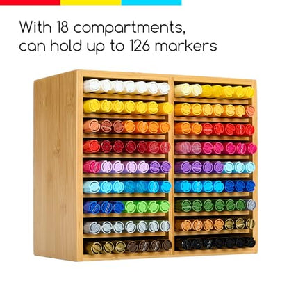 MEEDEN Bamboo Marker Holder Organizer: Holds 126 Pens with 18 Compartments- Art Supply Storage & Holder for Alcohol Markers，Pens，Pencils - style: Holds 126 Markers