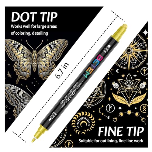 Betem 6 Gold&Silver Dual Tip Acrylic Paint Markers, Fabric Decorating Kits Premium Water-Based Acrylic Paint Pens Art Supplies for Fabric, Rock, Wood, Glass, Canvas, Ceramic, Teacher Appreciation Gift