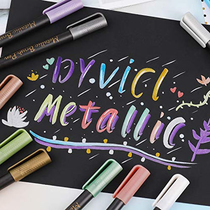 Dyvicl Metallic Brush Marker Pens - Metallic Pens Art Markers for Calligraphy, Brush Lettering, Black Paper, Rock Painting, Card Making, Scrapbooking, Fabric, Metal, Ceramic, Wine Glass, Set of 10 - style: 10 Brush tip