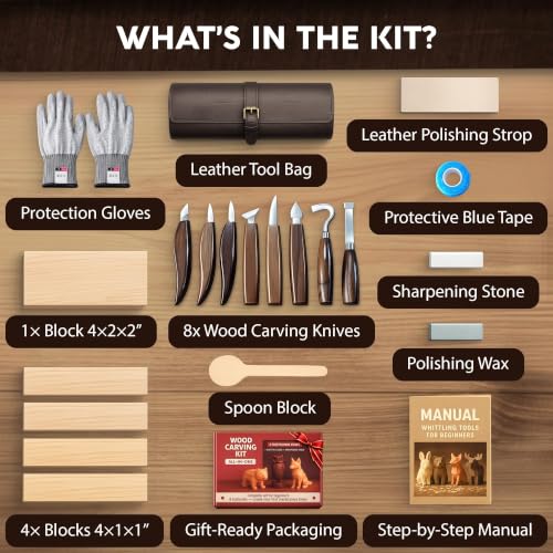 Complete Wood Carving Kit for Beginners - Gift Ready Complete Tools Set | Whittling Kit with 8 Wood Carving Knives, Spoon Carving Tools, Wood Blocks, Gloves, Roll Bag and Sharpening Strop