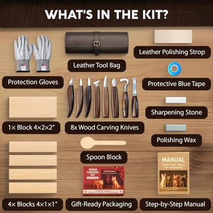 Complete Wood Carving Kit for Beginners - Gift Ready Complete Tools Set | Whittling Kit with 8 Wood Carving Knives, Spoon Carving Tools, Wood Blocks, Gloves, Roll Bag and Sharpening Strop