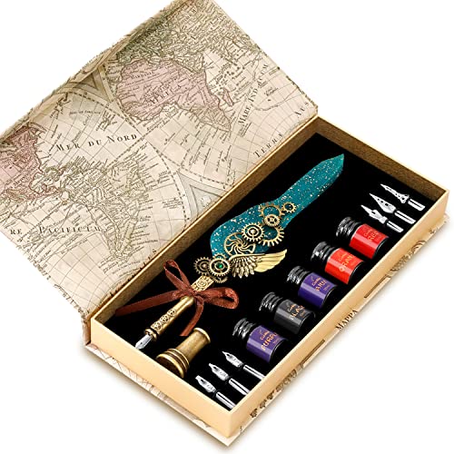 Vintage Punk Quill Pen Ink Set-Mechanical Quill Pen,5 Color Ink Calligraphy Pen Ink Set,6 Replaceable Dip Pen Nibs-Basic Calligraphy Kit-for Beginners and Calligraphy Lovers (Green) - color: Green