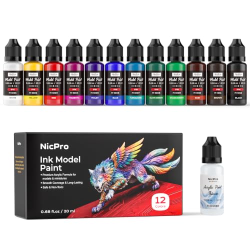 Nicpro 12 Colors Acrylic Model Ink Paint Set, 20ml Ready to Use | Modeling Acrylic Inks, Brush & Airbrush Miniature Paint for Glazing Tinting Shading, Fantasy, Sci-Fi & 3D Print, 1 Thinner - style: Ink Model Paint