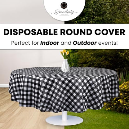 Grandipity Plastic Table Cloth Disposable 12 Pack 84" Round Gingham | Plastic table covers, durable disposable tablecloths, fade and tear-resistent table cover for party, event - color: Black Gingham, size: 84in. Round