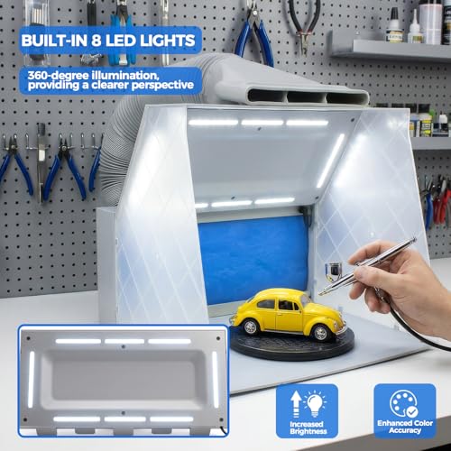JOYABEST Airbrush Spray Booth with Fan, LED Light & Turntable for Models | Adjustable fan with 8 LED lights. 360° turntable. 5ft exhaust hose included. 2-layer filter traps fumes. For hobby,miniatures
