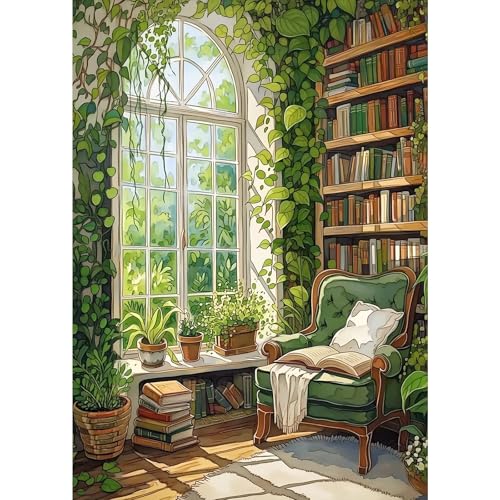 MXJSUA Greenery Reading Nook Diamond Art Painting Kits for Adults, Full Drill 5D Round Dots Diamonds Paint Picture for Beginners, Gem Art Painting Craft Kits for Home Decor Gift 12x16 inch - color: Greenery Reading Nook