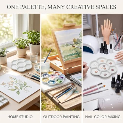 2Pcs White Porcelain Watercolor Palette - Washable Ceramic Paint Tray with Non-Stick Surface | Professional Artist-Grade Mixing Palette for Studio and Outdoor Painting