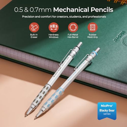 Nicpro Blocky Gear 0.5 mm & 0.7 mm Mechanical Pencils Set in Case | Metal Pencil with 6 Tube Lead Refills, Eraser, Eraser Refills for Professional & Adult Art Writing Drafting Drawing Sketching - style: Contemporary