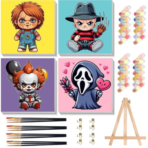 4 Pack Halloween Paint by Numbers for Kids with Frame Canvas - Wooden Easel - color: BKH2885+BKH2886+BKH2887+BKH2888