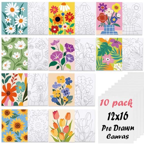 Nuberlic 12X16 Pre Drawn Canvas to Paint Floral 10 Pcs DIY Floral Pre Sketched Outlined Painting Kit to Ladies Party Art Supplies - size: 12x16, style: Floral Pattern