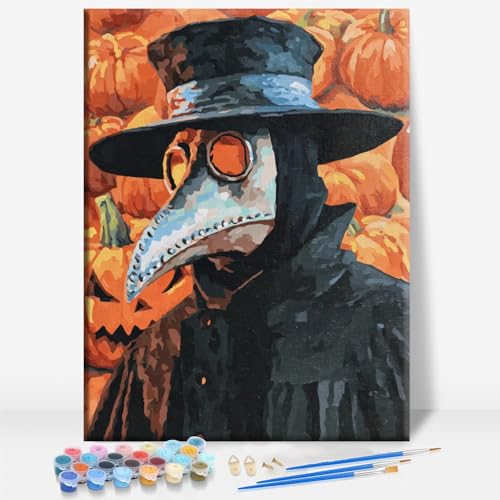 Aeontinity Plague Doctor Halloween Gothic Framed Canvas DIY Paint by Numbers Kit Bar Cafe Cave Home Room Wall Bathroom Porch Patio Decor Gift, 16 x 12 Inch - color: PLAGUE DOCTOR HALLOWEEN