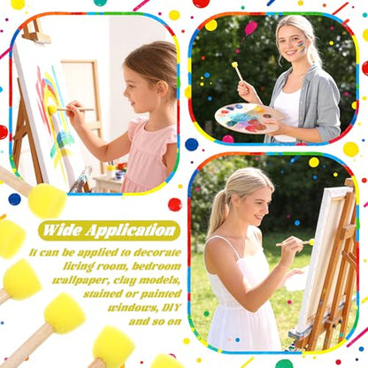 200 Pcs Round Sponge Paint Brush Set with Wooden Handle, Round Paint Sponge Daubers for Acrylic Crafts, Stippling & DIY Art Projects (0.59 Inch Yellow Sponges Head, 3.15 Inches Long)