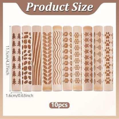 WADORN 10 Styles Wooden Clay Texture Rollers Set for Pottery, 10Pcs Wood Handle Pottery Tools 4.3x0.6'' Clay Textured Rolling Pin Modeling Pattern Roller Kit for DIY Crafts Ceramics Modeling Painting
