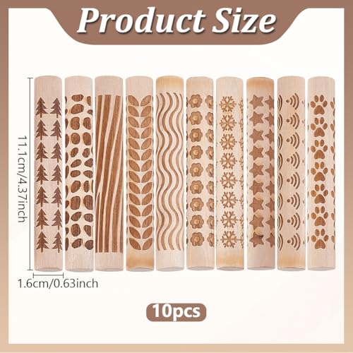 WADORN 10 Styles Wooden Clay Texture Rollers Set for Pottery, 10Pcs Wood Handle Pottery Tools 4.3x0.6'' Clay Textured Rolling Pin Modeling Pattern Roller Kit for DIY Crafts Ceramics Modeling Painting