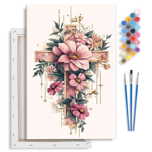 Yezavesu Framed Paint by Numbers Kit for Adults Beginner & Kids Ages 8-12, Cross Flower Paint by Numbers with Frame, DIY Number Painting for Adults Cross Flower for Home Wall Decor Gift 8X 12 inch | With Frame Canvas 8x12 inch, DIY Acrylic Painting by Num