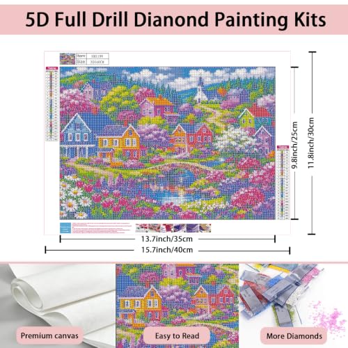 Diamond Painting Kit for Adults,5D Full Drill Colorful Town Diamond Art | Colorful Riverside Village Floral Paint by Diamonds Dot Gem Art for beginners,Home Wall Decor 12x16Inch - color: KM1198-1