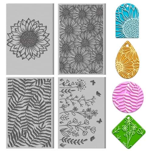 4PCS Polymer Clay Flowers Leaves Texture Sheets Set for Using with Clay Cutters, Boho Clay Texture Mats, Jewelry Making DIY Craft Tools - style: Plant and Flower Theme-4pcs