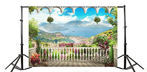 AOFOTO 6X4ft Garden Terrace Backdrop Beautiful Gallery Scenery Photography Background Kid Girl Artistic Portrait Seascape Romantic Retro Photo Shoot Studio Props Video Drop Vinyl Decor Wallpaper Drape - size: 6x4ft