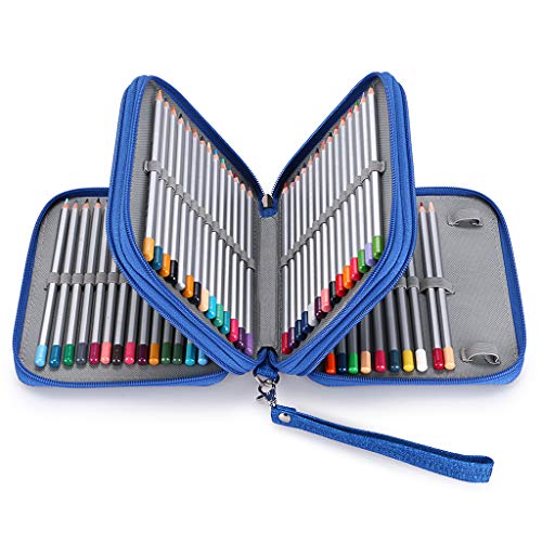 BTSKY Zippered Pencil Case-Canvas 72 Slots Handy Pencil Holders for for Prismacolor Watercolor Pencils, Crayola Colored Pencils, Marco Pencils (Blue) | Portable Holder for Prismacolor Watercolor Pencils, Crayola Colored Pencils, Marco Pencils for Office a