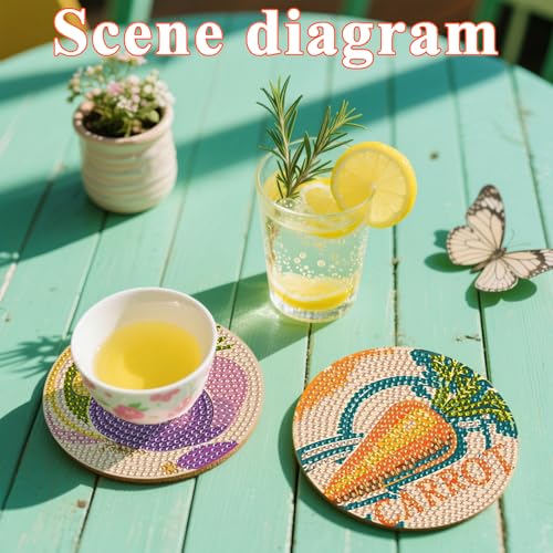 DOTSOPS 6 Pcs Vegetable Diamond Painting Coasters with Holder for Beginners - color: Evegetable