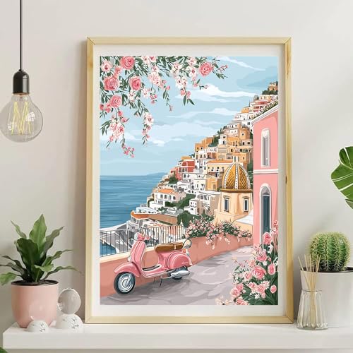 Jiqinsiye Houses Adults Paint by Number Kits,Seaside Town Painting by Number Kits on Canvas,Large Color by Numbers Adult Watercolor Gifts for Friends Wall Decor - color: seaside town