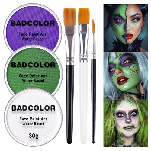 White Green Purple Face Body Paint, Face Painting Kit with Brushes for Beetlejuice & Frankenstein Halloween Makeup, Facepaints for Witch Ursula Maleficent Costume Cosplay & Monster Skeleton SFX Makeup - color: White+Light Green+Light Purple+3Pcs Brushes