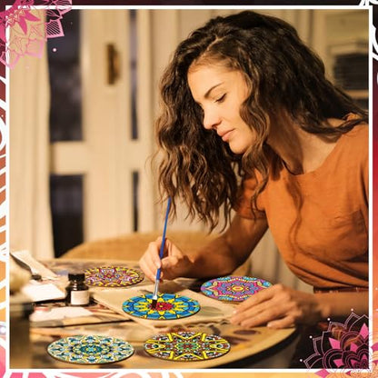 Reallnaive 8 Pcs Mandala Paint by Numbers Kit for Adults Wooden Coasters | Mini Floral Paint by Numbers, Tiny Flower Round Oil Painting Drink Coaster with Holder, for Small DIY Craft Birthday Gift - style: Mandala