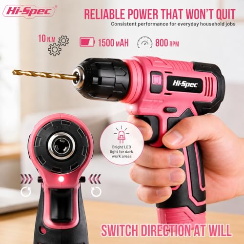 Hi-Spec Tool Set with 8V Drill Set Home DIY Repair & Maintenance, Pink - color: Pink, size: 70-Piece