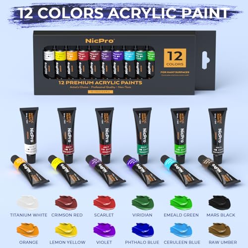 Nicpro 34PCS Kids Painting Set with Pattern Canvas for Beginner Students | 12 Acrylic Paints, 10 Brushes, 6 Canvas Panels, Table Easel, Paper Pad, Color Wheel, Palette, Art Painting Supplies Kit - color: 12 Colors