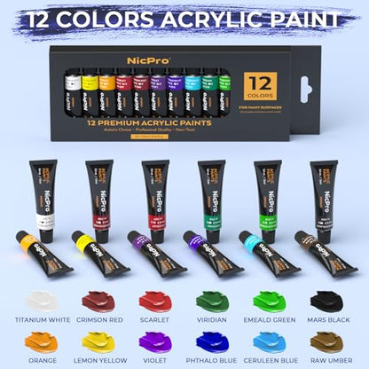 Nicpro 34PCS Kids Painting Set with Pattern Canvas for Beginner Students | 12 Acrylic Paints, 10 Brushes, 6 Canvas Panels, Table Easel, Paper Pad, Color Wheel, Palette, Art Painting Supplies Kit - color: 12 Colors