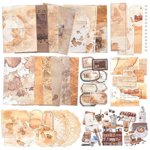 Mayplous Vintage Coffee Junk Journal Supplies, Scrapbook Paper Kit with Coffee-Themed Stickers, Labels, Tags and Ephemera for Planner Decoration, Card Making, Collage Art (Tanvera)