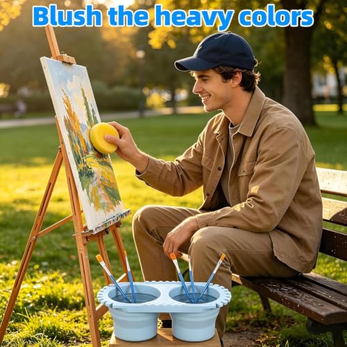 Abaodam Paint Brush Cleaner Cup for Kid Adult Painter Watercolor Acrylic | Dual Compartment Collapsible Silicone Paint Water Cup with 2 Sponges Foldable Water Container for Travel Painting