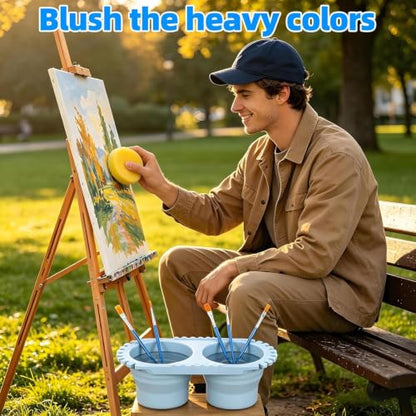 Abaodam Paint Brush Cleaner Cup for Kid Adult Painter Watercolor Acrylic | Dual Compartment Collapsible Silicone Paint Water Cup with 2 Sponges Foldable Water Container for Travel Painting