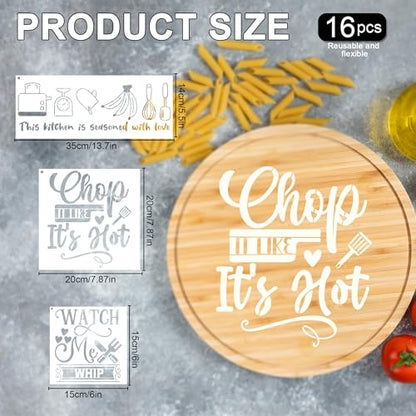Keluna Kitchen Wall Stencils for Painting - 16 Pcs Reusable Kitchen Crafts Templates Cooking Themed Stencils for Painting on Wood Wall Cupboard Dining Baking Room Restaurant Home Décor - style: kitchen stencil