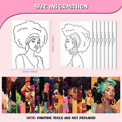 Sherr 20 Pcs Pre Drawn Canvas Afro Queen for Painting for Adults | Bulk 8" x 10" Pre Stretched Outline Painting Boards African American for Beginners Students, Party Favor - style: Vivid
