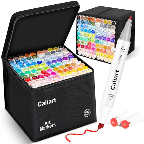 Caliart Alcohol Markers 100 Colors Dual Tip Fine & Chisel Art Markers Pens - color: White, size: 1 Count (Pack of 100)