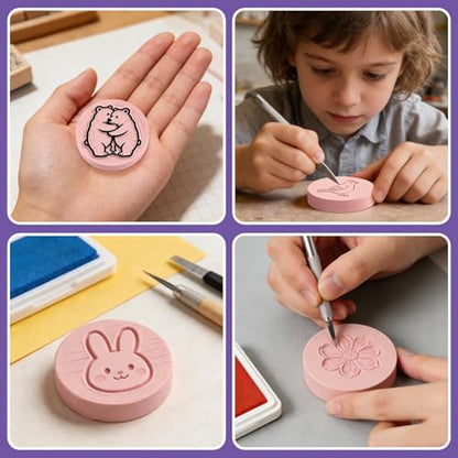 6 Pack 2"x2" Round Block Pale Pink Rubber Stamp Carving Blocks Rubber Carved Brick Soft Rubber Linoleum Block for Craft Project - style: Round