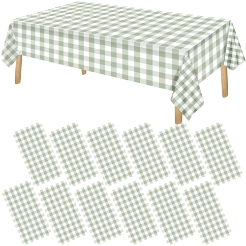 FuWeave 12 Pcs Green and White Checkered Tablecloths Disposable Plastic Gingham Table Cloths Waterproof Rectangle Plaid Table Cover for Wedding Picnic Birthday Party Decor, 54 x 108 Inch - style: Green plaid