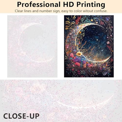 TUMOVO Moon Floral Adult Paint by Number Kit on Canvas | moon floral 16x20 inch canvas kit with acrylic paints, turn blank canvas into art and display as wall decor.