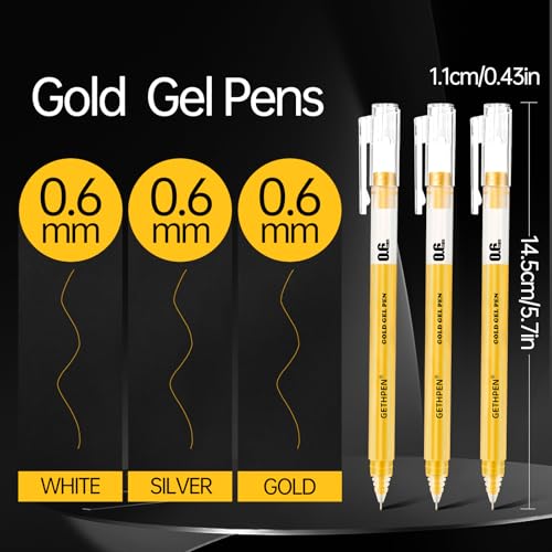 GETHPEN 3-Pack Gold Gel Pens, 0.6mm Fine Point Opaque Archival Ink Pens | Metallic Gel Ink Pens for Black Paper, Artists Drawing, Sketching, Adult Coloring Books, Card Making, Bullet Journaling - size: 0.6 mm, style: 3 Pack Gold