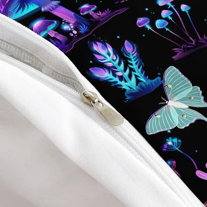 AILONEN Purple Blue Mushroom Duvet Cover Set King Size, Botanical Plant Fungus Moth Butterfly Comforter Cover Set, Soft Black Gradient Quilt Cover 3Pc Set, 1 Duvet Cover + 2 Pillowcases - color: Mushroom105, size: King