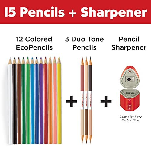 Faber-Castell World Colors Colored EcoPencils | 15 Colored Pencils, Skin Tone & Portrait Shades | Multicolor Colored Pencil Set for Drawing, Coloring, Classroom Use & Creative Expression (Ages 3+) - style: 15 Count + Sharpener