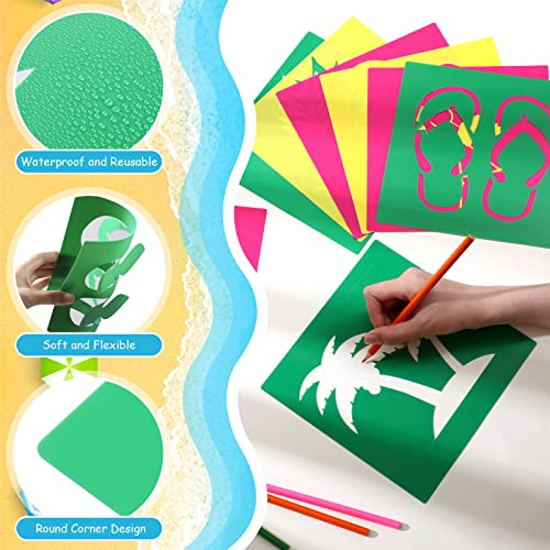 Henoyso 24 Pcs Summer Aloha Stencil for Kids 8 Inch Reusable Templates | Plastic, Drawing Painting Templates, Flamingo, Tree, Hawaii, Pink, Green, Toddlers, Wood Paper Scrapbook, DIY Art Crafts - style: Flamingo Style