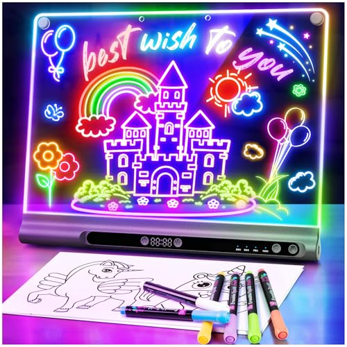 Geokay 16“ Rechargeable LED Drawing Board, 9-Color Light Modes with Timer & Built-in Stand, Neon Glow Up Dry Erase Doodle Note Pad, Sketching Gift Toy for Kids/Girls/Teens, 6 Markers & Tracing Book - color: Matte Black
