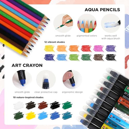 Marabu Mixed Media Drawing Set - 20 Sheets Watercolor Paper, 12 Watercolor Pencils with 10 Watercolor Crayons and Water-Fillable Brush Set - The Ultimate Landscape Adventure