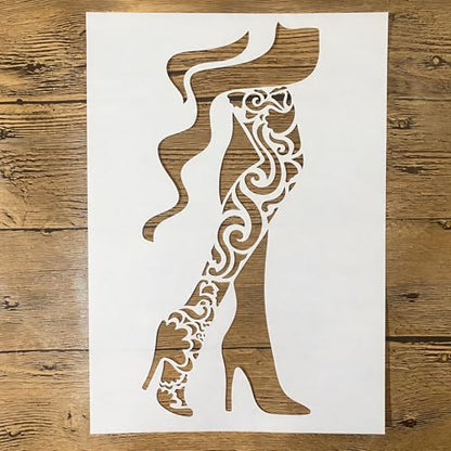TIAMECH A4 Reusable High Heel Shoes Stencil for Painting | Elegant Lace Pattern Girl Layering Template, DIY Wall Art, Wood Furniture, Scrapbook & Crafts (8.3x11.7inch) - style: High Heel Shoes