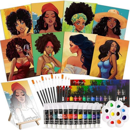 Cholemy 36 Pcs Paint and Sip Kit Gift for Adults 8''x10'',Fashion Women | Pre Drawn Canvas, Painting DIY Afro Acrylic Painting Kit, Wood Easel Brushes, Date Night Bulk, Summer Halloween Party - style: Fashion Women