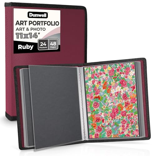 Dunwell 11x14 Art Portfolio Binder, 24-Sleeve, Mounting Paper, Ruby | 24 Clear Sleeves, Displays 48 Pages, Mounting Paper Included, Artwork Storage, Acid-Free Poly Protection - color: Ruby, size: 11x14" w/ BLK Paper