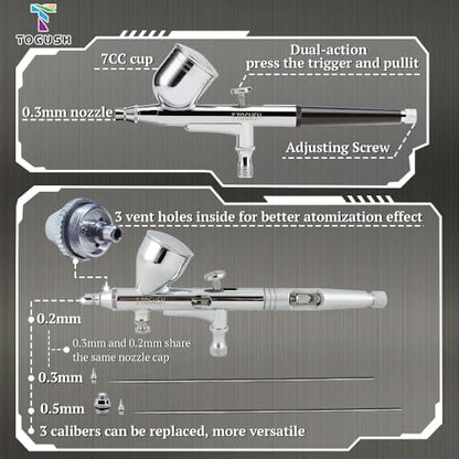 Airbrush Kit with Compressor and Tank, Dual Action Airbrush Set | 3L Tank Compressor with Two Airbrushes and 0.2/0.3/0.5mm Nozzles for Model Painting, Hobby and Craft Projects